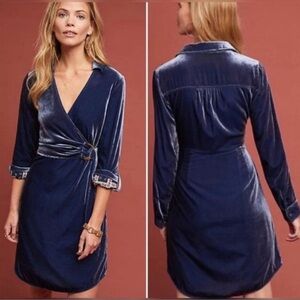 Maeve Anthropologie Blue Crushed Velvet Wrap Dress
